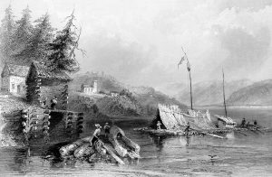 A black-and-white image of artist William Henry Bartlett's "March, on Lake Chaudière", with March Post Office at left and St. Mary's Church and Horaceville in background, c. 1840 (PPF Collections)