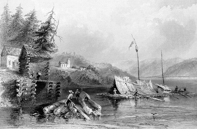 A black-and-white image of artist William Henry Bartlett's "March, on Lake Chaudière", with March Post Office at left and St. Mary's Church and Horaceville in background, c. 1840 (PPF Collections)