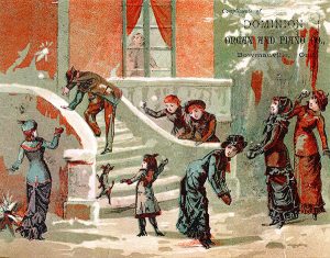 Front cover of PPF Christmas card featuring a late 19th Century trade card illustration from the Dominion Organ and Piano Company of Bowmanville, Ontatrio