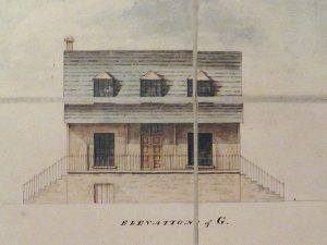 Colour illustration (Elevation of G) of the original wing of Horaceville, 1820
