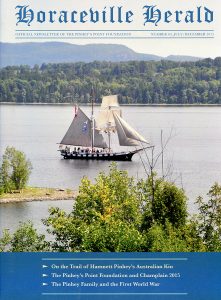 Front colour cover of Horaceville Herald, No. 63, July/December 2015, Pinhey's Point Foundation, showing image by Michele LeBoldus of the brigantine "Black Jack" passing Pinhey's Point on the Ottawa River in September 2015