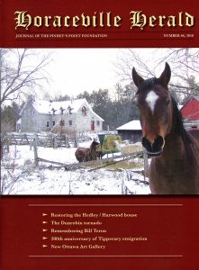 Front colour cover of Horaceville Herald, No. 66, 2018, Pinhey's Point Foundation, showing December 3, 2014 colour winter image by Bob Gregory of a horse and llambas in front of the new stone addition to the c. 1838 Hedley house, March Township, Ontario
