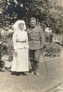 A 1916 black-and-white photo of Nursing Sister Ruby Valentine Pinhey with her brother Charles Hamnett Pinhey overseas in First World War uniform (PPF Collections, Gift of Pat Hutchison)