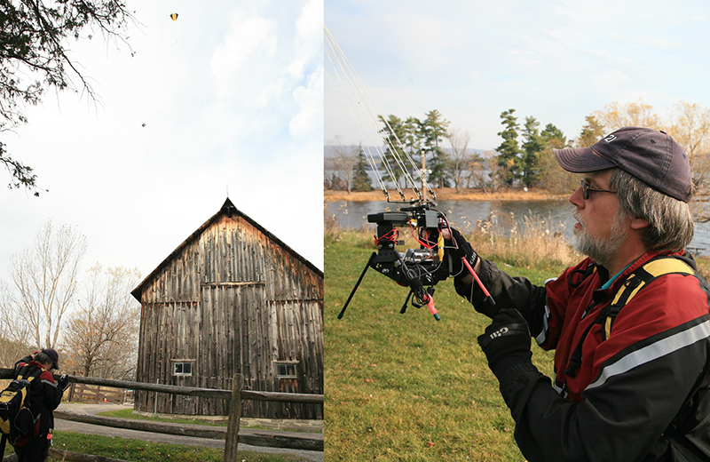 A composite of two colour photos showing Ottawa photographer Rob Huntley at his camera controls for kite aerial photography at Horaceville, Pinhey's Point Historic Site, 2012 (Courtesy Bruce Amos and Rob Huntley)?