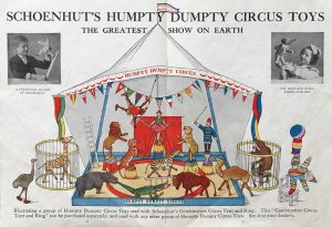 A colour image of interior pages of "Schoenhut's Humpty Dumpty Circus" catalogue illustrating a group of Humpty Dumpty Circus Toys used with Schoenhut's Combination Circus Tent and Ring (PPF Collections, Gift of Betty Ann Koene)