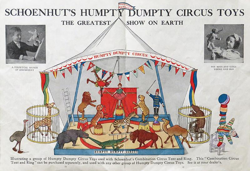 A colour image of interior pages of "Schoenhut's Humpty Dumpty Circus" catalogue illustrating a group of Humpty Dumpty Circus Toys used with Schoenhut's Combination Circus Tent and Ring (PPF Collections, Gift of Betty Ann Koene)