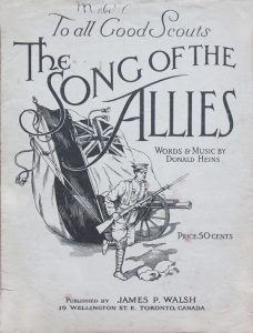 A colour photo of the cover of a piece of sheet music titled "The Song of the Allies" from the First World War era, "Mabel A." is written at the top (PPF Collections, Armstrong Collection))