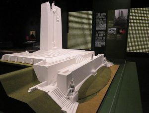 A colour photo of a model of Canada's Vimy Memorial in France in the Canadian War Museum's 2017 exhibit "Vimy: Beyond the Battle", which marked the 100th anniversary of the Battle of Vimy Ridge. (B.E.).