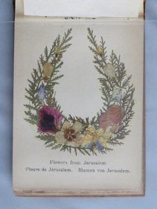 Colour image of page from Jerusalem, a small volume of pressed flowers from Holy Land sites